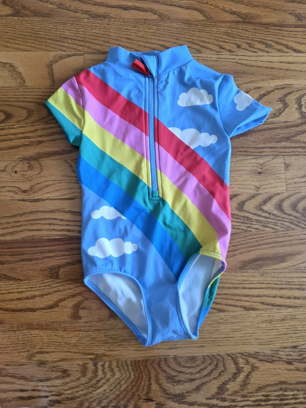 Boden Bright Blue Short-Sleeve One-Piece with Rainbow Stripes